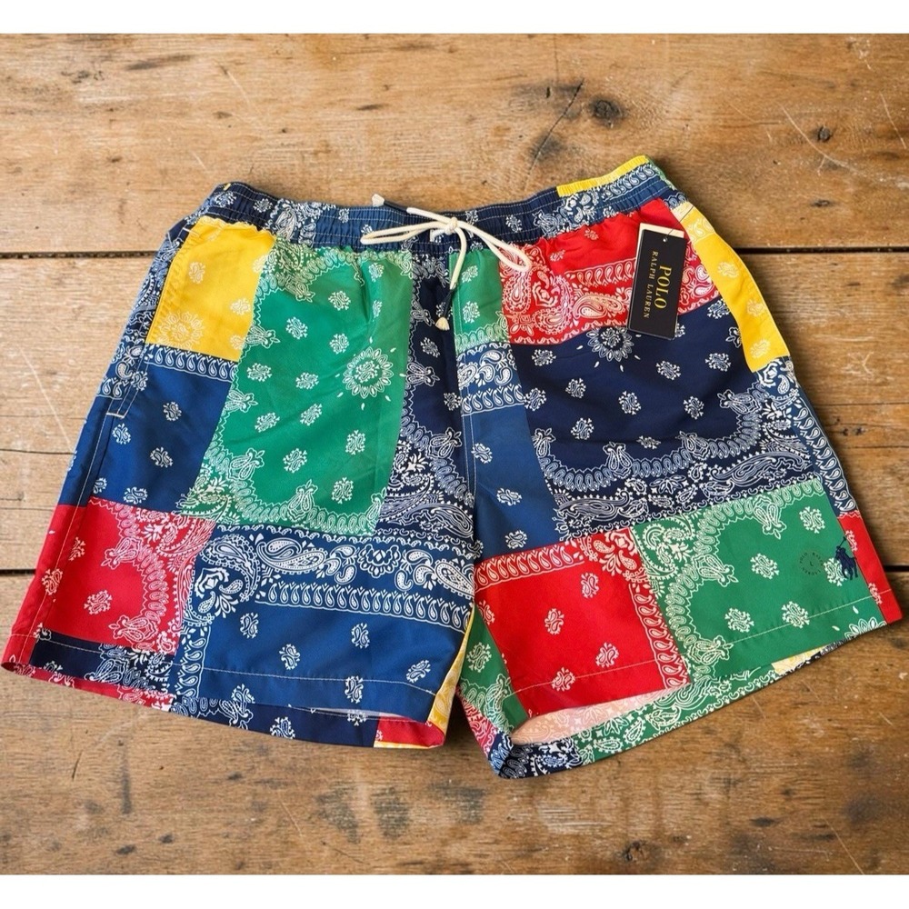 Polo Ralph Lauren Pony Bandana Patchwork Traveler Surf Swim Trunks Men's L NWT
